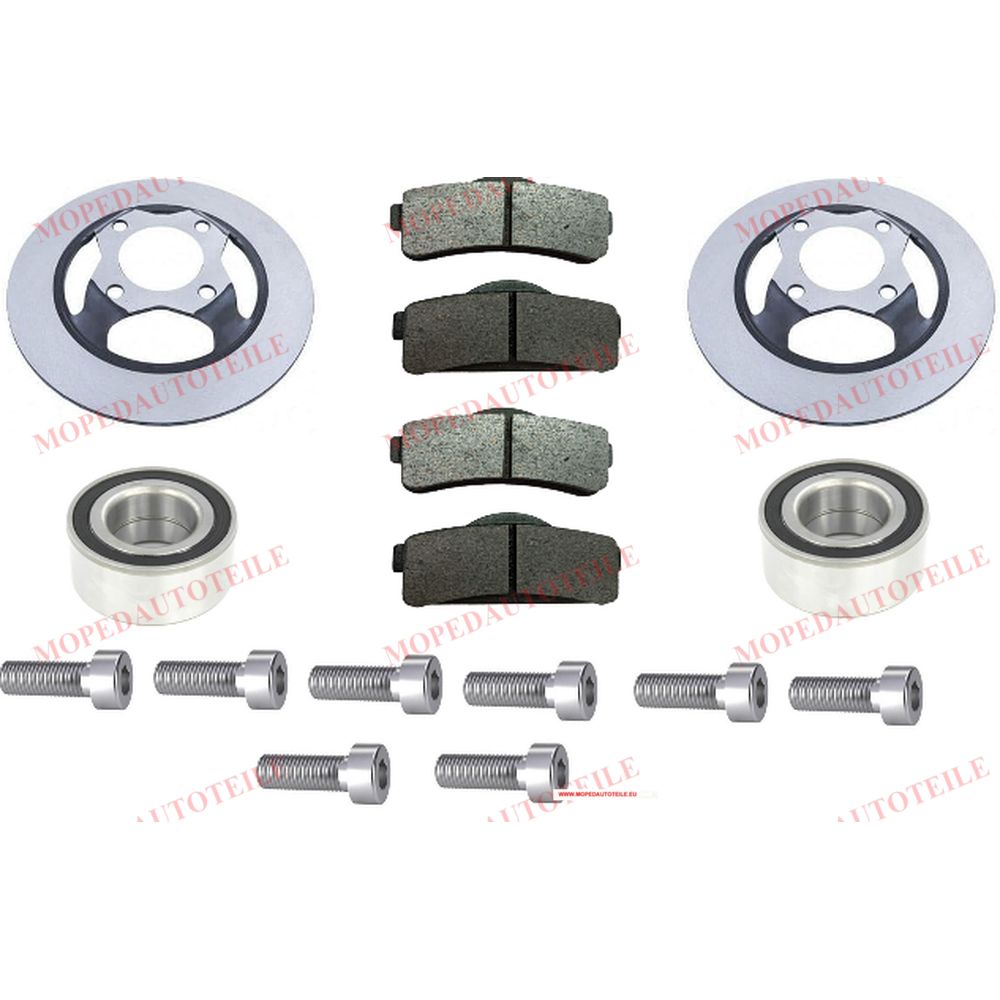 Front Brake Kit, Ligier(JS50/JS60/IXO) Microcar(M8/MGO 1/2/3/4), Brake Pads+Wheel Bearing+Brake Disc+Screws
