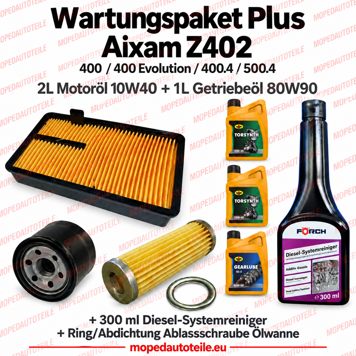 Service kit Plus Aixam Z402 (400 / 400 Evolution / 400.4 / 500.4) – filter kit + 2 L engine oil 10W40 + 1 L gearbox oil 80W90 + sealing ring + diesel system cleaner
