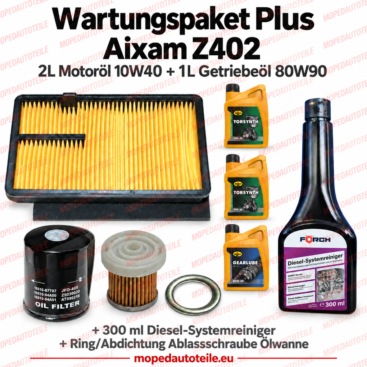 Service kit Plus Aixam Z402 – filter kit + 2 L engine oil 10W40 + 1 L gearbox oil 80W90 + sealing ring + diesel system cleaner