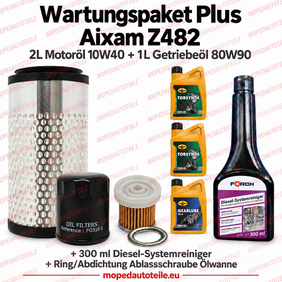 Onderhoudspakket Plus Aixam Z482 – Filterset + 2L Motorolie 10W40 + 1L Versnellingsbakolie 80W90 + Afdichtring + Dieselsysteemreiniger