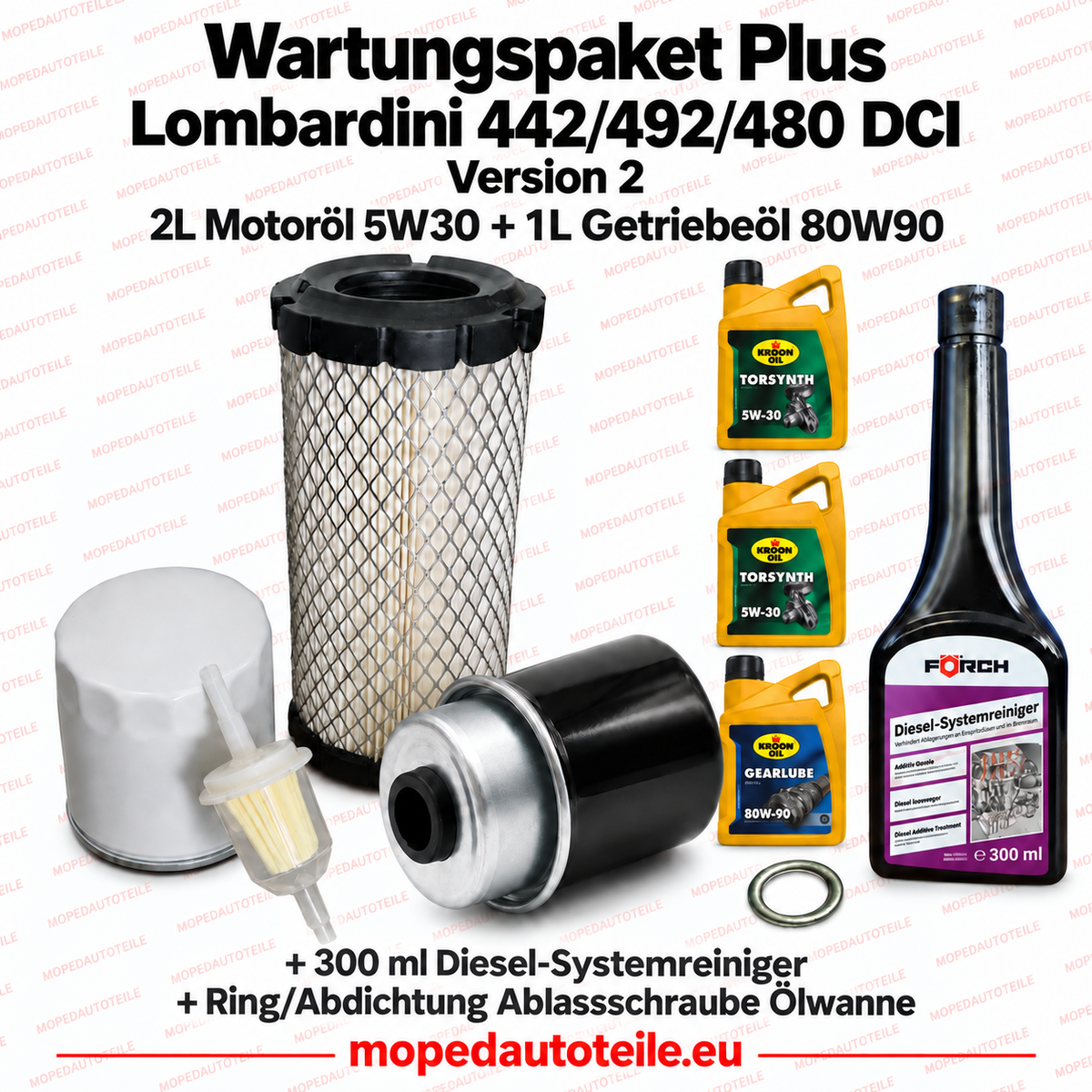 Service kit Plus Lombardini 442/492/480 DCI (Version 2) – filter kit + 2 L engine oil 5W30 + 1 L gearbox oil 80W90 + sealing ring + diesel system cleaner — 95.0864.3C