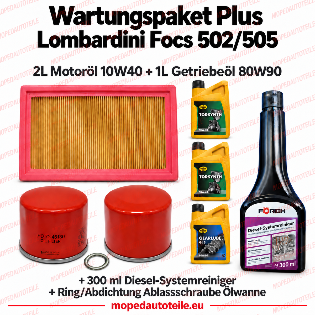 Onderhoudspakket Plus Lombardini Focs 502/505 (Ambra / Stella / VX550) – Filterset + 2L Motorolie 10W40 + 1L Versnellingsbakolie 80W90 + Afdichtring + Dieselsysteemreiniger