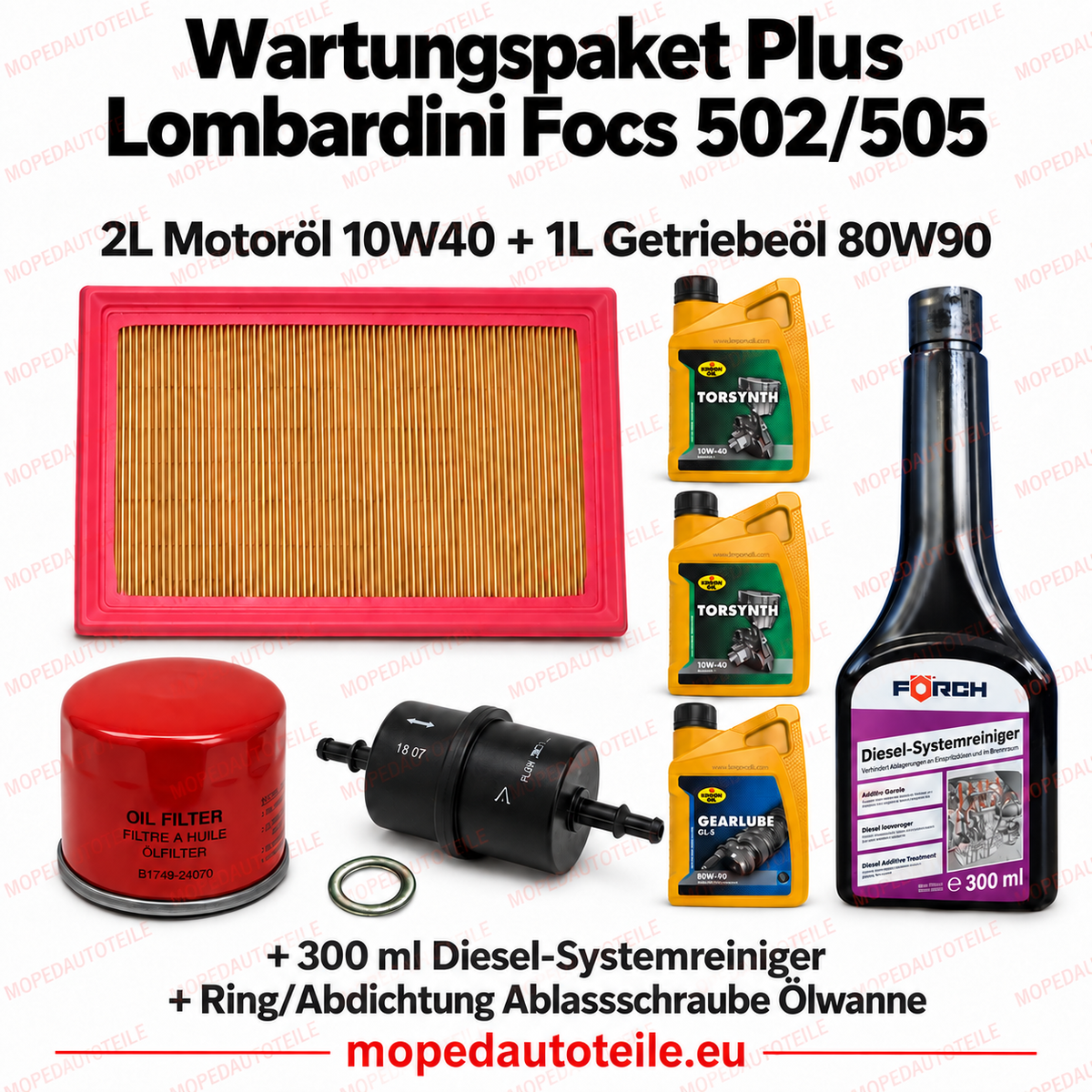 Onderhoudspakket Plus Lombardini Focs 502/505 (Nova / MC1 / MC2) – Filterset + 2L Motorolie 10W40 + 1L Versnellingsbakolie 80W90 + Afdichtring + Dieselsysteemreiniger