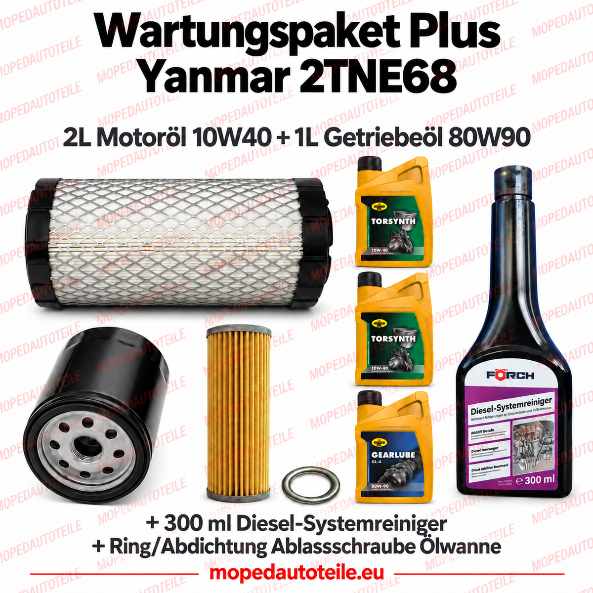 Onderhoudspakket Plus Yanmar 2TNE68 (Microcar / Chatenet) – Filterset + 2L Motorolie 10W40 + 1L Versnellingsbakolie 80W90 + Afdichtring + Dieselsysteemreiniger