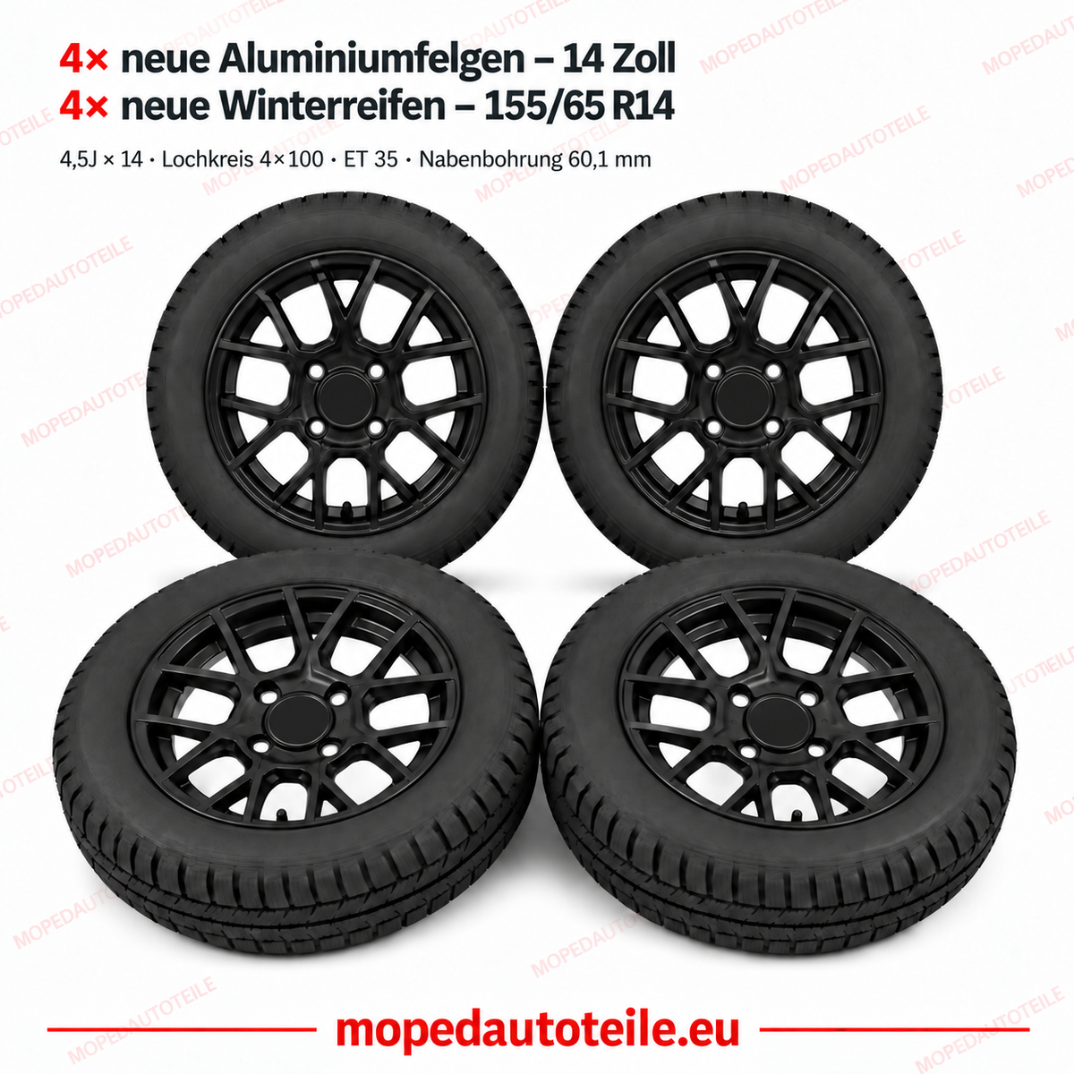 Set of 4 new black alloy wheels and 4 new winter tyres, 14 inch, for Chatenet (CH26/CH30/CH32/CH40/CH46)
