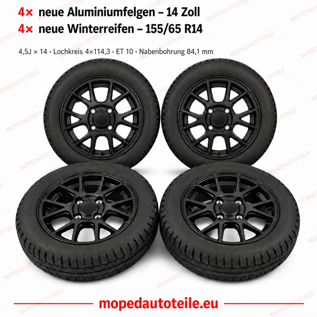 Set van 4 nieuwe zwarte lichtmetalen velgen en 4 nieuwe winterbanden, 14 inch, voor Aixam en Microcar