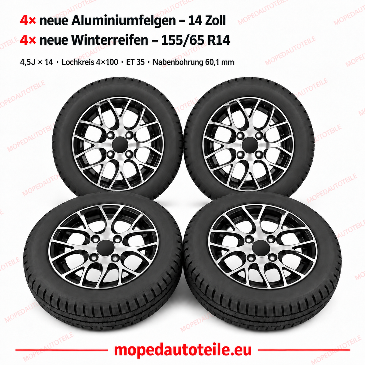 Set van 4 nieuwe lichtmetalen velgen en 4 nieuwe winterbanden, 14 inch, voor Chatenet (CH26/CH30/CH32/CH40/CH46)